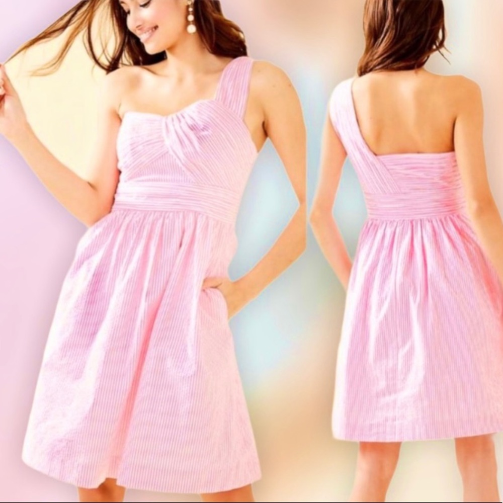 NWT Lilly Pulitzer Addison Pink Tropics Seersucker One Shoulder Dress Size 0
